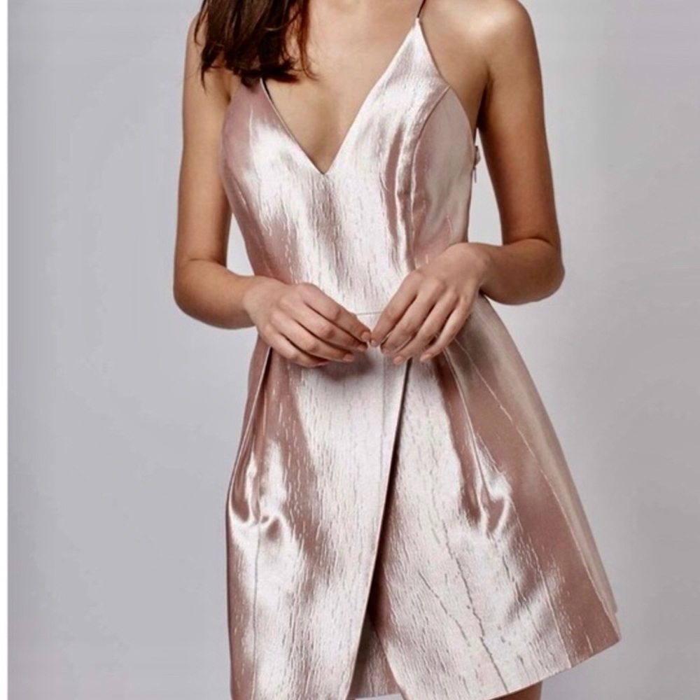 Topshop crinkle plunge mini dress in metallic pink